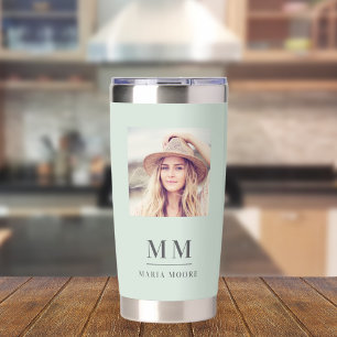 Sage green photo monogram initials name insulated tumbler
