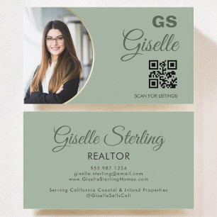 Sage Green Photo Monogram Realtor QR Code Business Card