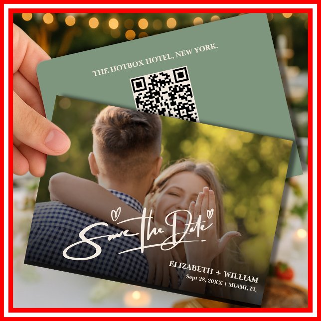 Sage Green Photo QR Code Elegant Wedding Save The Date (Creator Uploaded)