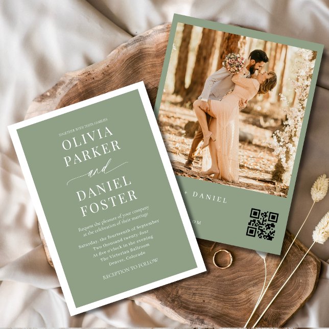 Sage Green Photo QR Code Wedding Invitation (Creator Uploaded)