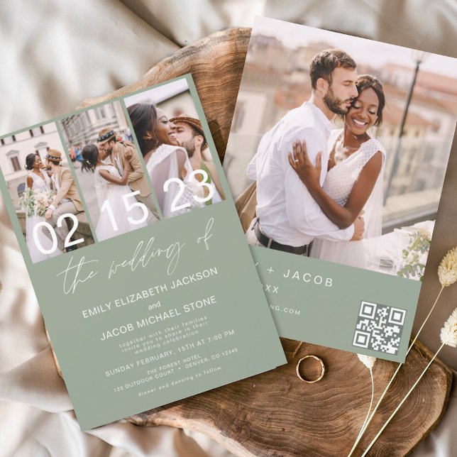 Sage Green Photo QR code Wedding Minimalist  Invitation (Creator Uploaded)