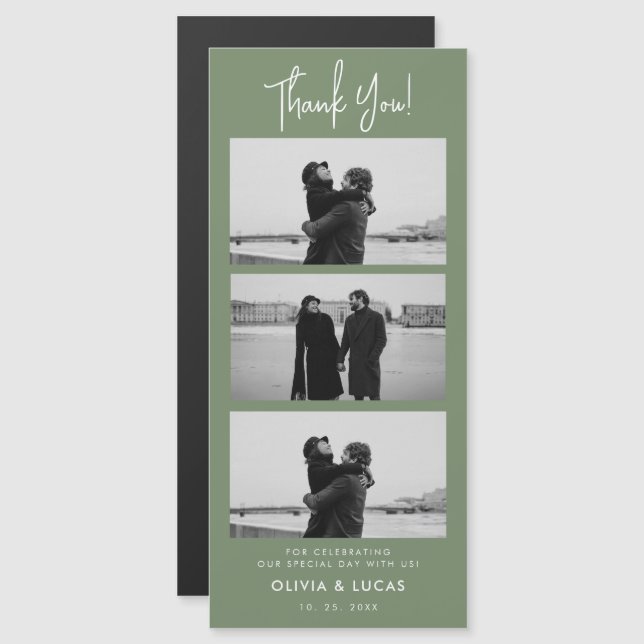 Sage Green Photo Strip Magnetic Wedding Thank You (Front/Back)