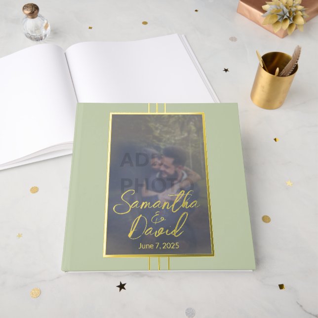 Sage Green Photo Wedding Foil Guest Book (Front Open)