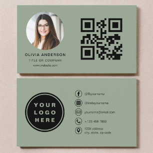Sage Green Photo with QR Code Social Media Business Card