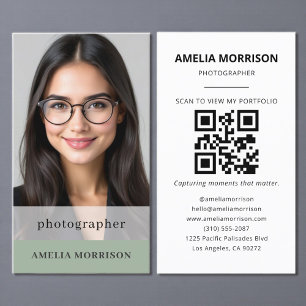 Sage Green Photographer QR Code Photo Modern Business Card