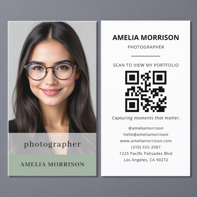Sage Green Photographer QR Code Photo Modern Business Card (Creator Uploaded)