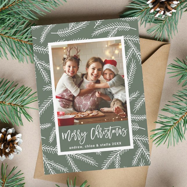 Sage Green | Pine Branch Merry Christmas Photo Holiday Card (Creator Uploaded)