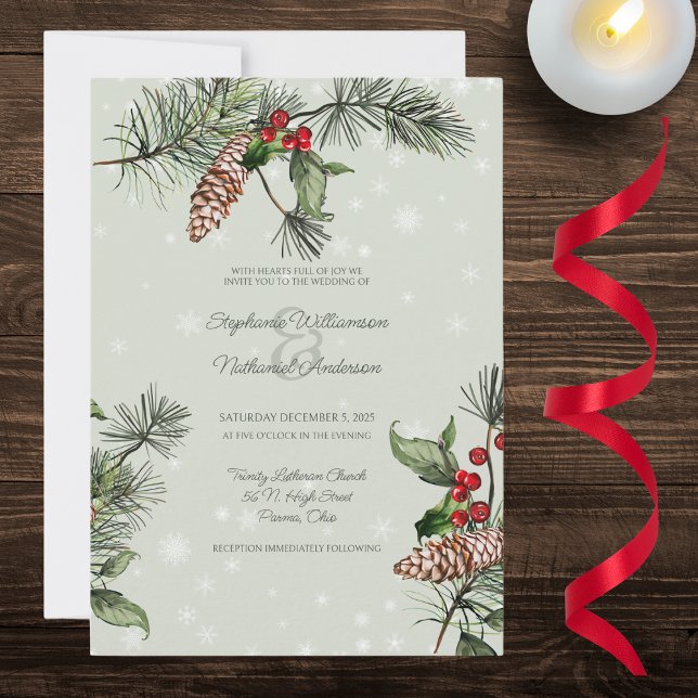 Sage Green Pine & Holly in Snow Wedding  Invitation (Creator Uploaded)