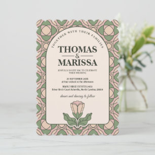 Sage Green & Pink Art Nouveau Floral Wedding Invitation