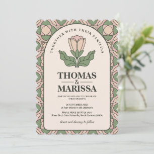 Sage Green & Pink Art Nouveau Floral Wedding Invitation