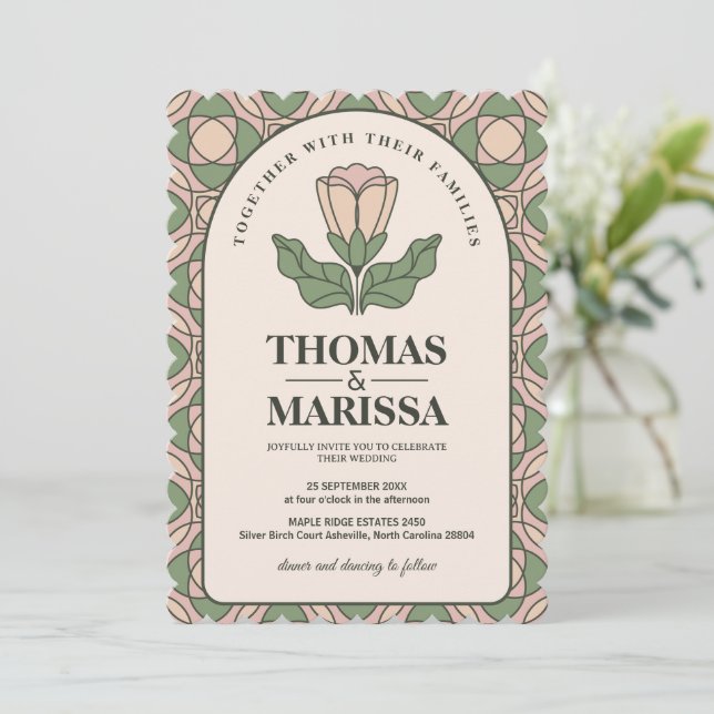 Sage Green & Pink Art Nouveau Floral Wedding Invitation (Standing Front)