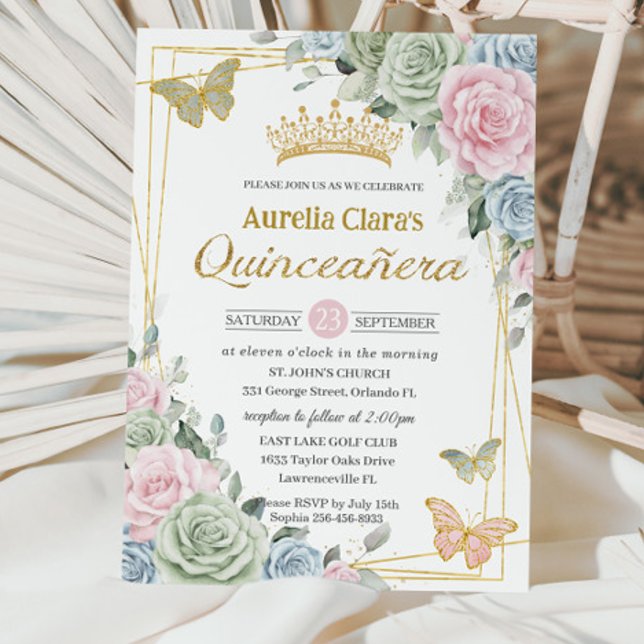 Sage Green Pink Blue Floral Butterfly Quinceañera Invitation (Creator Uploaded)