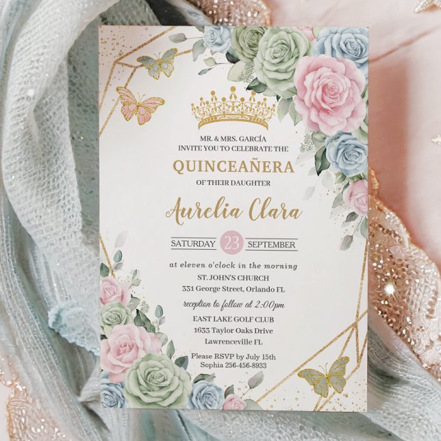 Sage Green Pink Blue Floral Quinceañera Sweet 16 Invitation (Creator Uploaded)