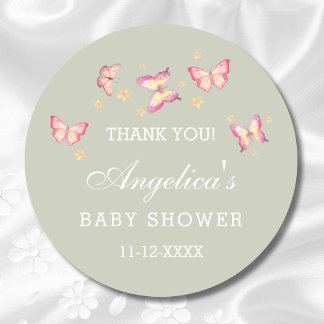 Sage Green Pink Butterfly Baby Shower Thank You Classic Round Sticker