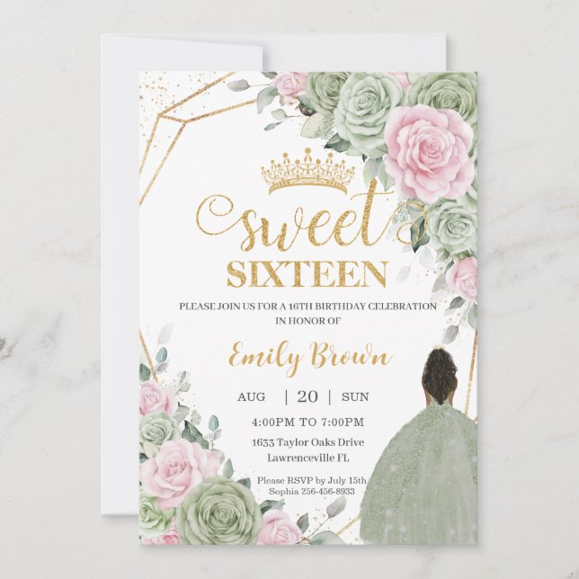 Sage Green Pink Floral Brown Girl Sweet Sixteen Invitation (Front)