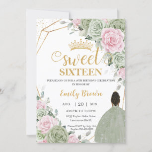 Sage Green Pink Floral Brown Girl Sweet Sixteen Invitation