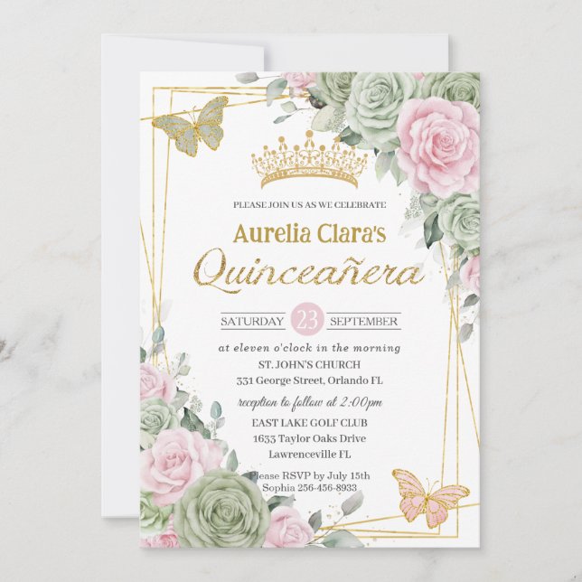 Sage Green Pink Floral Butterflies Quinceañera Invitation (Front)