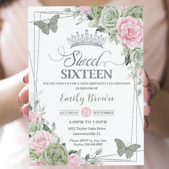Sage Green Pink Floral Butterflies Silver Sweet 16 Invitation (Creator Uploaded)