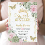 Sage Green Pink Floral Butterflies Sweet 16 Twins  Invitation<br><div class="desc">This chic Sweet 16 Birthday invitation for twins features a gold glitter geometric frame adorned by delicate watercolor sage green, pale pink floral, soft sage greenery and sage green and pink butterflies. Personalise it with your details easily and quickly, simply press the customise it button to further re-arrange and format...</div>