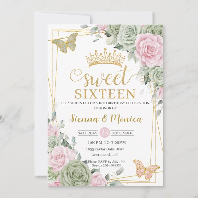 Sage Green Pink Floral Butterflies Sweet 16 Twins  Invitation (Front)