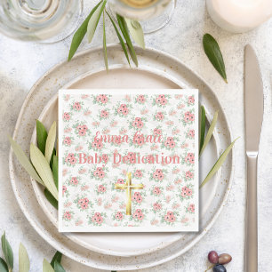 Sage Green & Pink Floral Custom Name w/ Gold Cross Napkin