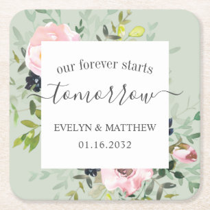 Sage Green & Pink Floral Forever Starts Tomorrow Square Paper Coaster