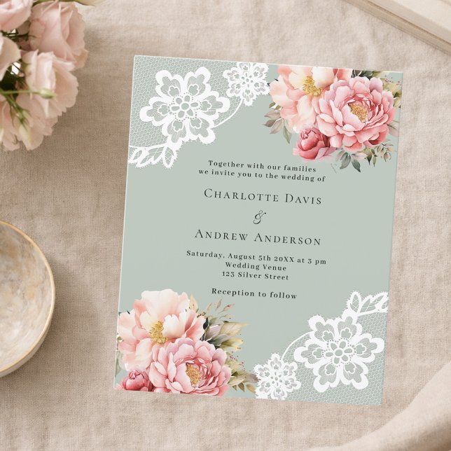 Sage green pink floral lace wedding invitation (Creator Uploaded)