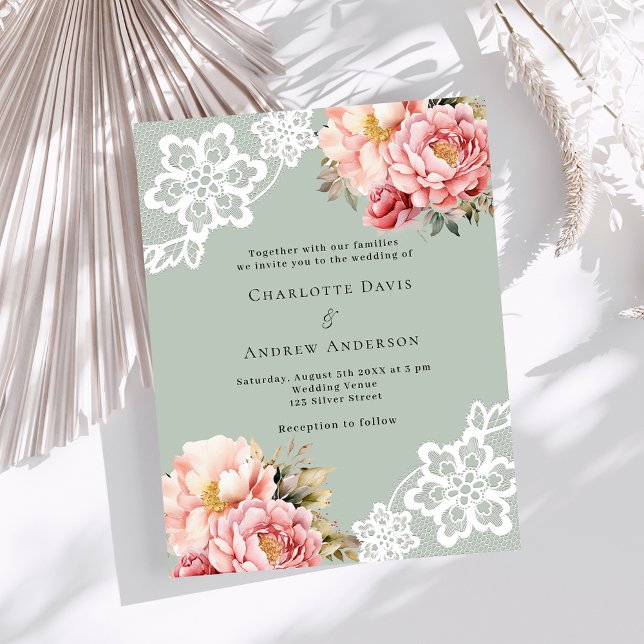 Sage green pink floral lace wedding invitation (Creator Uploaded)