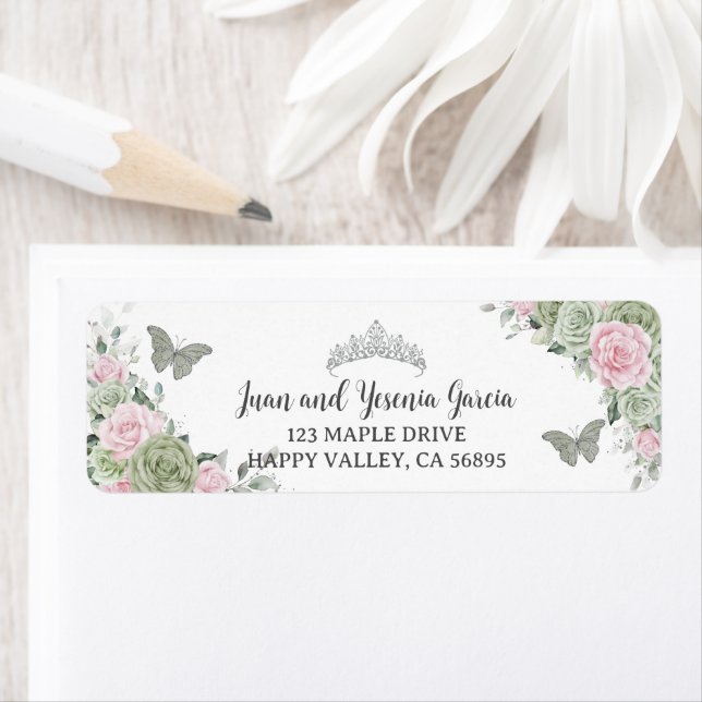 Sage Green Pink Floral Quinceanera Return Address (Insitu)