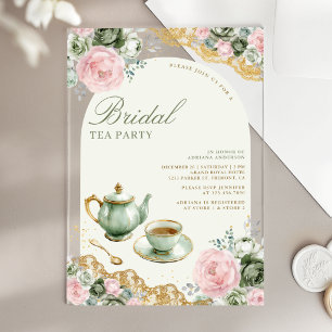 Sage Green Pink Floral Tea Party Bridal Shower Acrylic Invitations