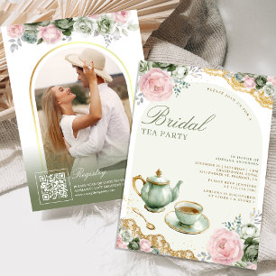 Sage Green Pink Floral Tea Party Bridal Shower Invitation