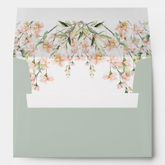 Sage Green Pink Floral Wildflowers Chic Wedding Envelope (Back (Bottom))