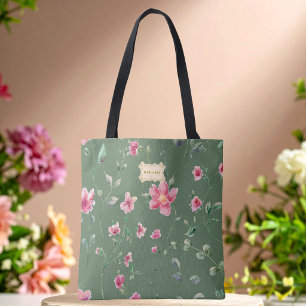 Sage Green pink Flowers pattern Trendy Classic Tote Bag