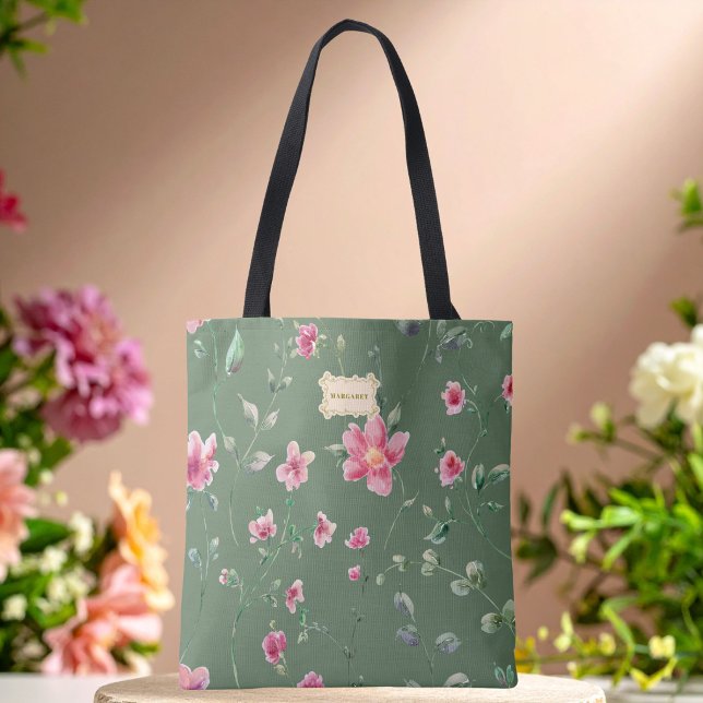Sage Green pink Flowers pattern Trendy Classic Tote Bag (Creator Uploaded)