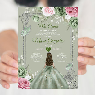 Sage Green Pink Mis Quince 15 Anos Crown Invitation