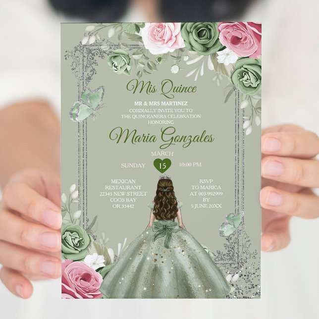Sage Green Pink Mis Quince 15 Anos Crown Invitation (Creator Uploaded)