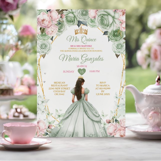 Sage Green Pink Mis Quince 15 Anos Crown Invitation (Creator Uploaded)