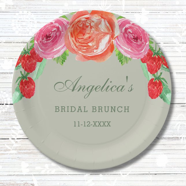 Sage Green Pink Peach Peony Bridal Brunch Paper Plate (Creator Uploaded)