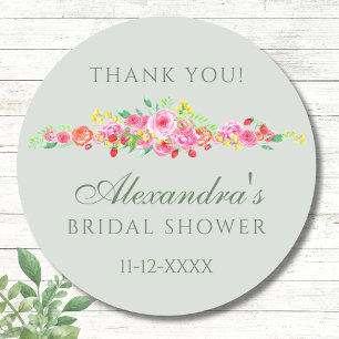 Sage Green Pink Peony Bridal Shower Thank You Classic Round Sticker