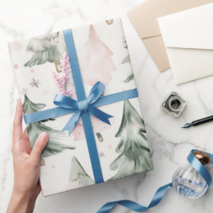 Sage Green & Pink Pine Trees Pattern Wrapping Paper