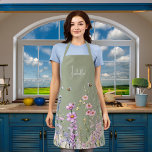 Sage green pink purple wildflowers name apron<br><div class="desc">A trendy sage greenbackground. Decorated with watercolored pink and purple wildflowers and bees.</div>
