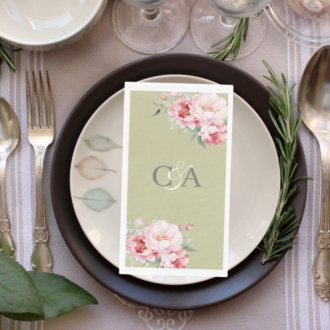 Sage green pink roses florals monogram wedding napkin (Creator Uploaded)