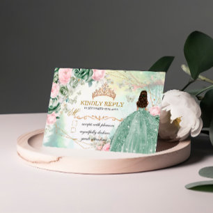 Sage Green Pink Sparkly Gown Quinceanera 15 Anos RSVP Card