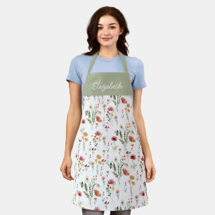 Sage Green Pink Watercolor Wildflower Custom Name  Apron