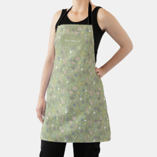 Sage Green Pink White Flowers Floral Boho Pattern Apron