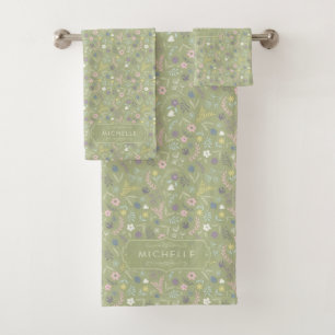 Sage Green Pink White Flowers Floral Boho Pattern Bath Towel Set