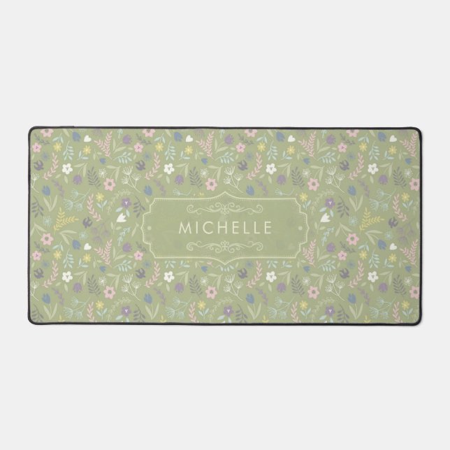 Sage Green Pink White Flowers Floral Boho Pattern Desk Mat (Front)