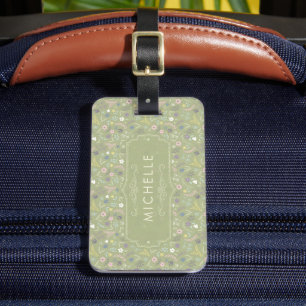 Sage Green Pink White Flowers Floral Boho Pattern Luggage Tag