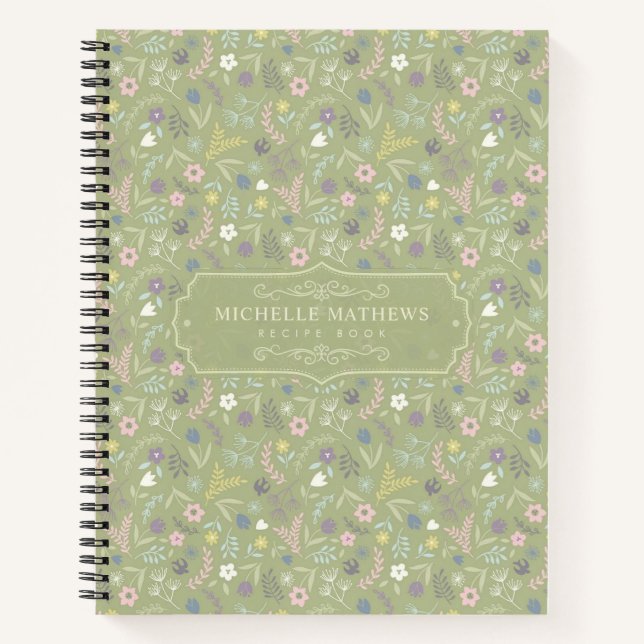 Sage Green Pink White Flowers Floral Boho Pattern Notebook (Front)