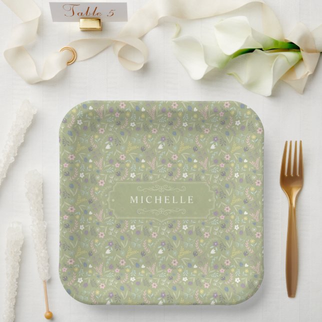 Sage Green Pink White Flowers Floral Boho Pattern Paper Plate (Wedding)